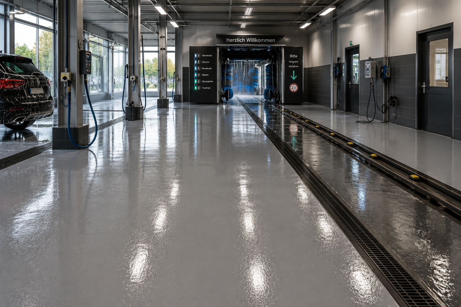 Waschanlage mit chemiebeständigem Boden